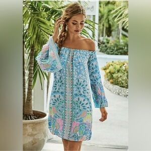 Lilly Pulitzer Nevie Dress Resortwear Multi Caribbean Citrus Off Shoulder XXS